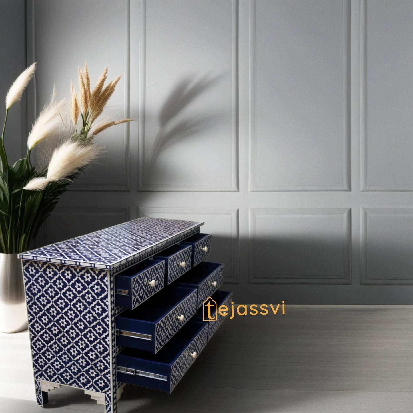 Bone Inlay  Floral Pattern Chest of 6 Drawer, 6 Drawer Dresser, wooden Bone Inlay Chest of Drawers, MOP Bone Inlay Furniture Sideboard Unit.
