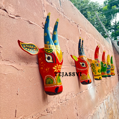 SET of 6 Wooden Painted Cow Head 16 Inches | Bull | Nandi Head Mask Wall Décor. Wooden Wall Hanging. Ethnic Indian Art.