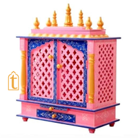 Wooden Pooja Mandir: Indian Pooja Ghar, Wall Mount Decor, Wooden Pink & Blue Pooja Mandir for Wall Decor