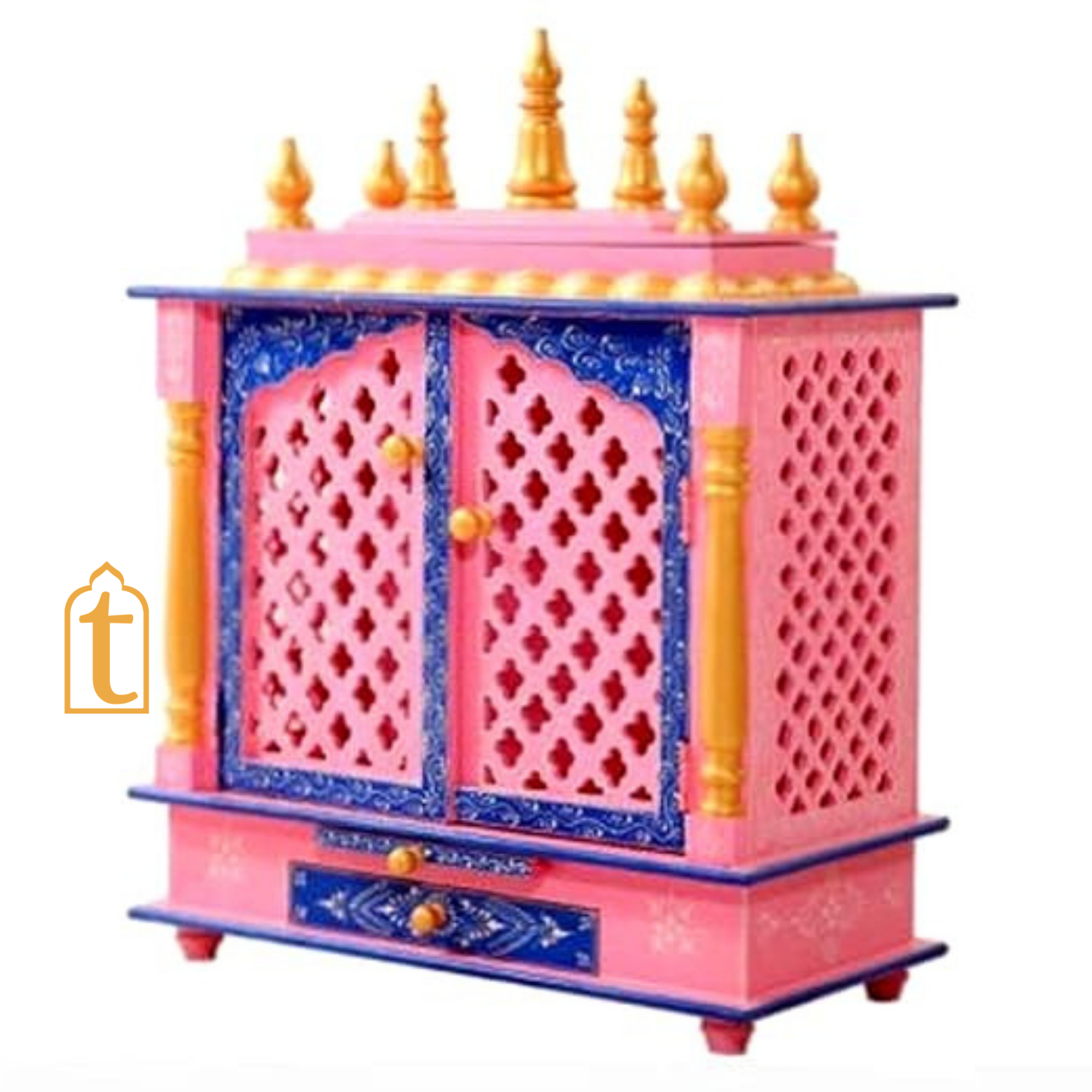 Wooden Pooja Mandir: Indian Pooja Ghar, Wall Mount Decor, Wooden Pink & Blue Pooja Mandir for Wall Decor