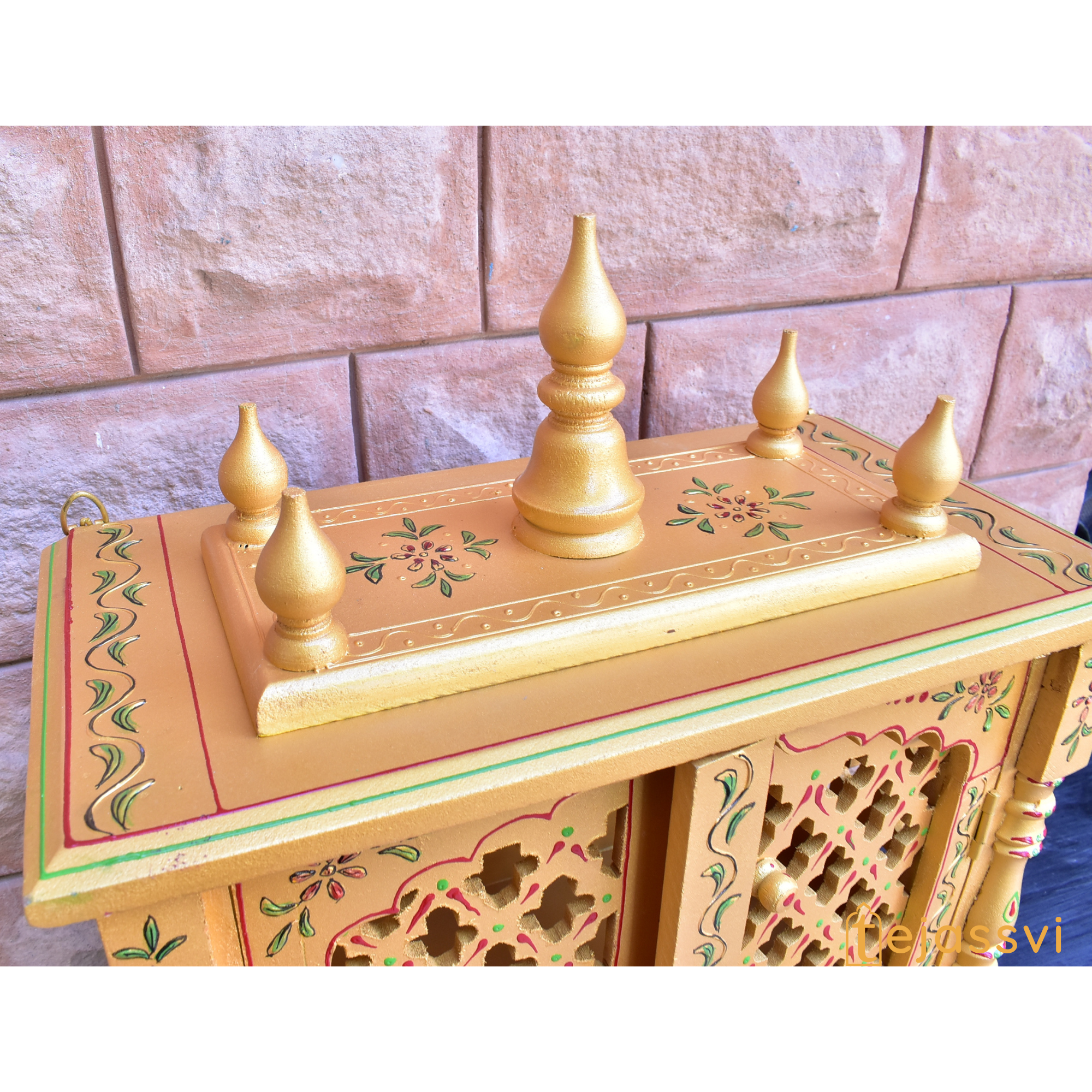 Wooden Prayer Room Altar | Large Wall Mounted Temple with Doors | Handmade Brown Pooja Mandir for Home
