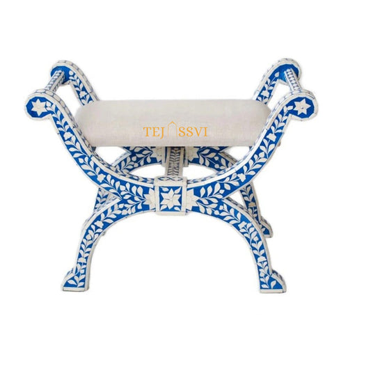 HANDMADE BONE INLAY Floral Blue Jenny Stool | Bone Inlay chair | Modern Luxury Furniture
