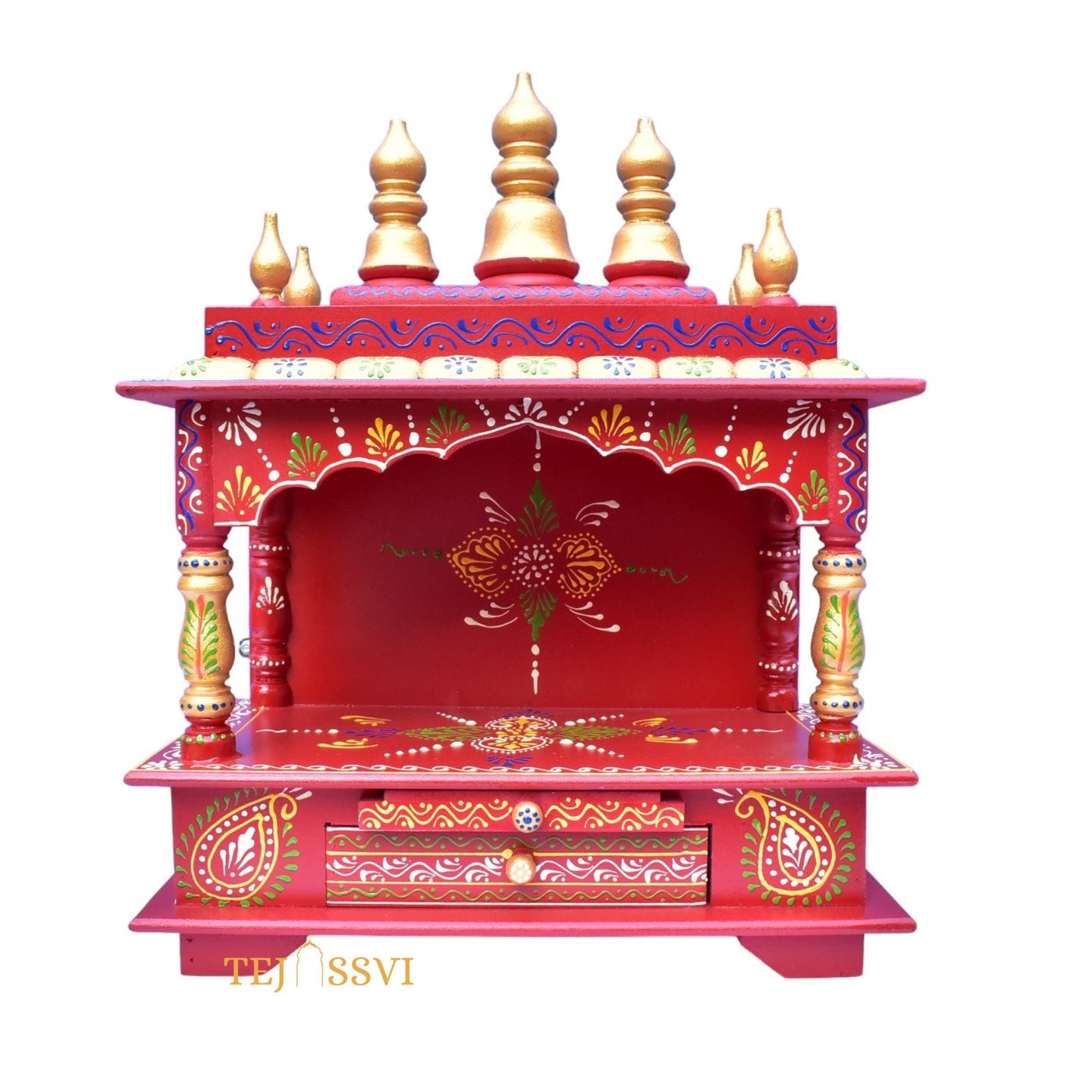 Red Wooden Open Temple Pooja Mandir | Beautiful Wall Hanging Small Wooden Temple for Home | Wooden Prayer Room, Alter, Shrine, Pooja Ghar