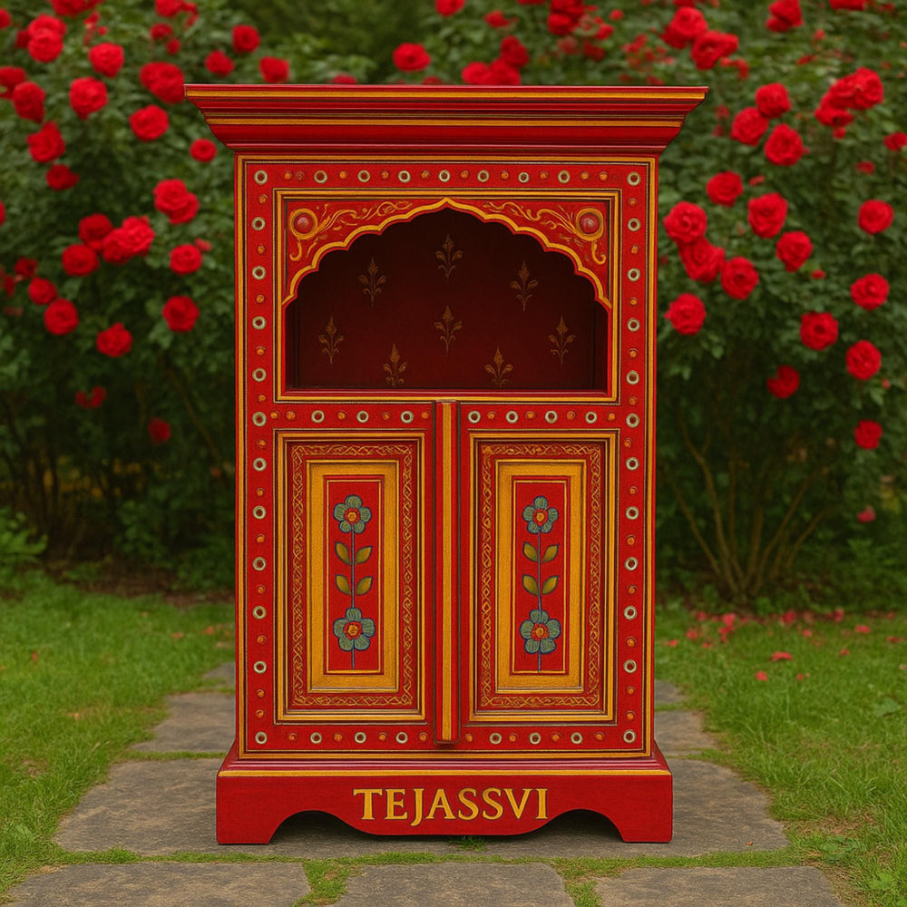 Handmade Hand Painted Bedside Table in Red & yellow / Home Décor Table / Hand painted Side Table / Indian Moroccan painted Furniture.