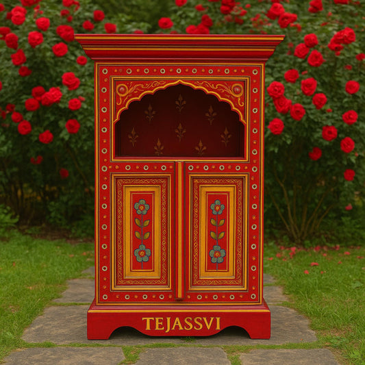 Handmade Hand Painted Bedside Table in Red & yellow , Home Decor Table, Handpainted side table, Indian Moroccan painted Furniture.