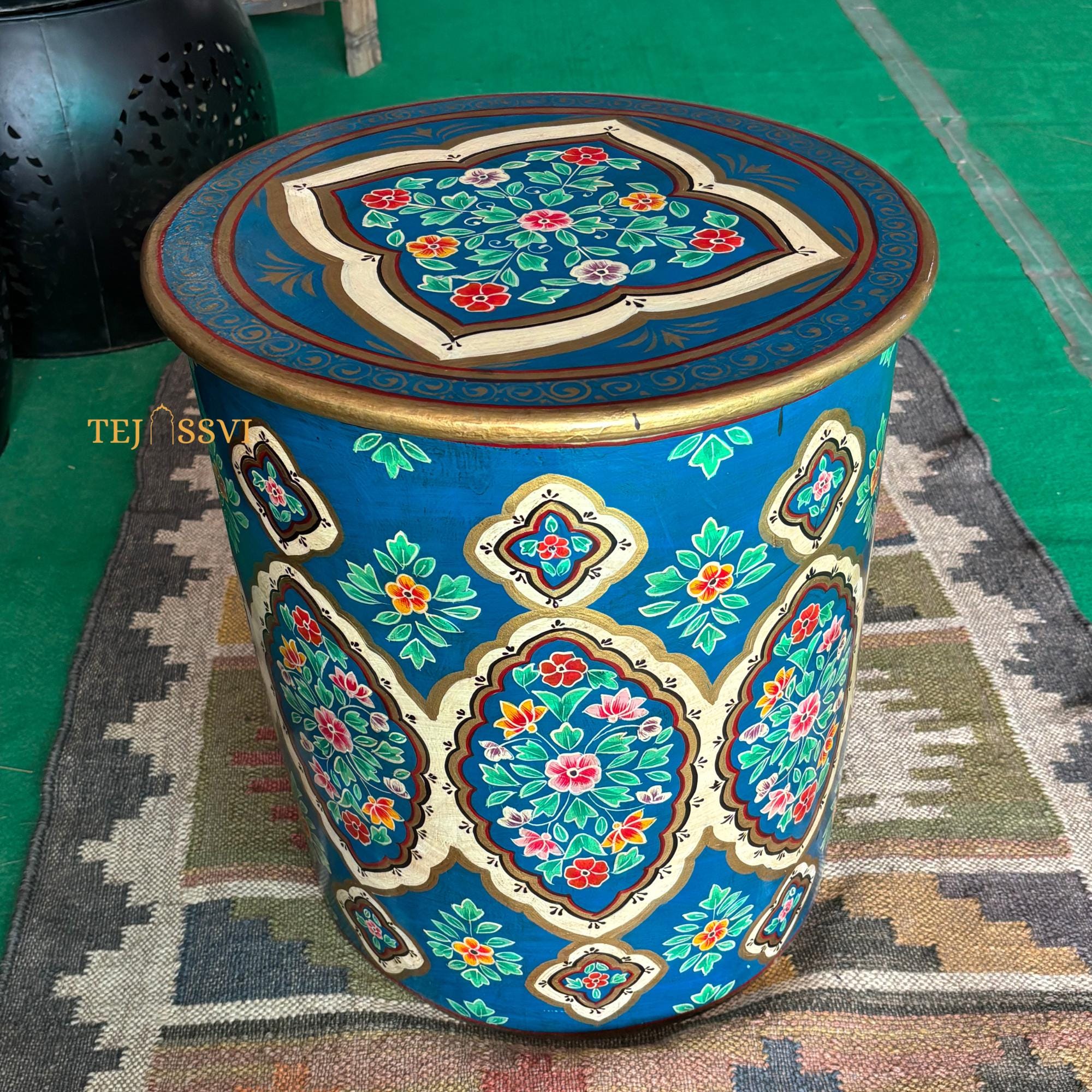 Hand-Painted Blue Wooden Table - Colorful Side Table / Unique Wood Coffee and Tea Table / Wooden Table | Hand Painted | living room | Side Table