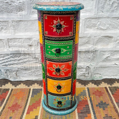 Handmade Hand Painted Round Side Table, Indian Painting Furniture Cabinet, Moroccan painted Furniture, Bedroom Furniture, Chest Of Dressers,