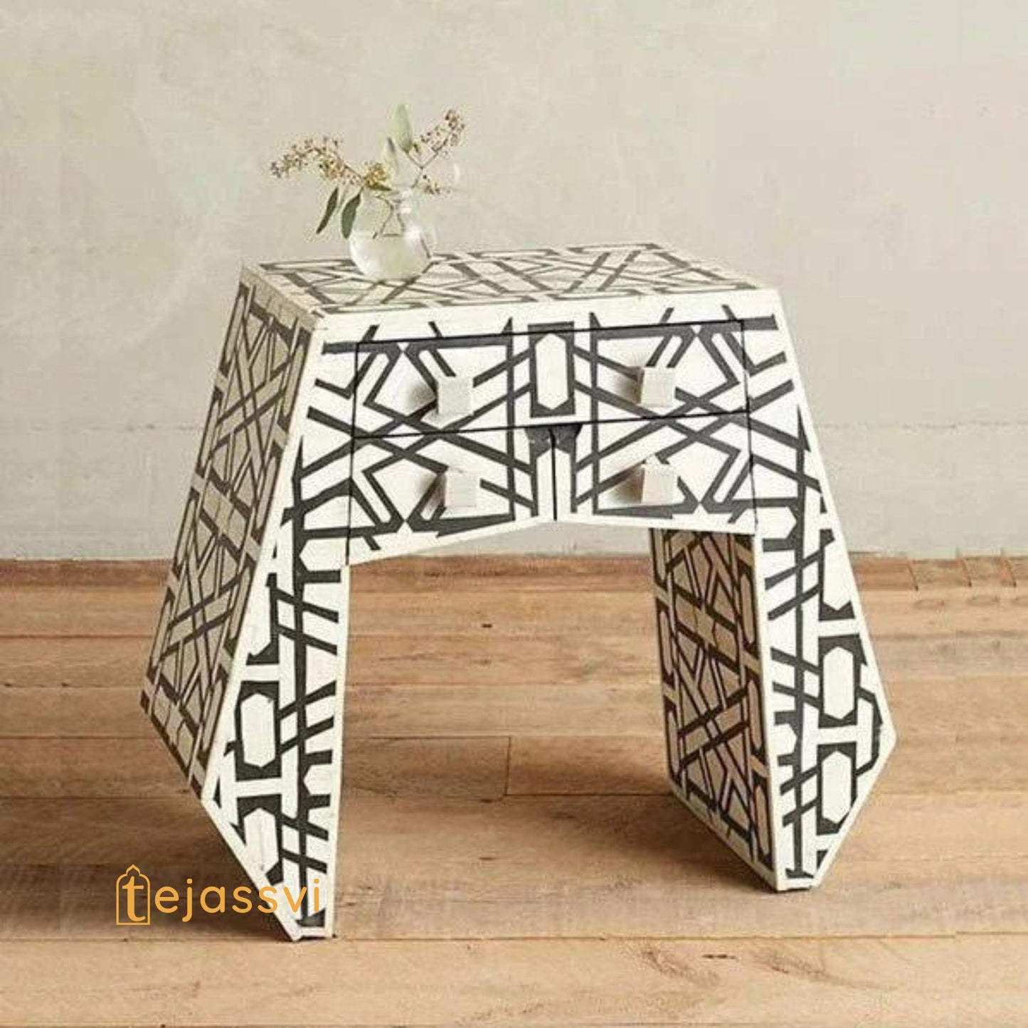 Bone Inlay Geometric Design 1 drawer Side Table/Handmade Bone Inlay Coffee table/MOP Black and White Bone Inlay Nightstand/Modern Furniture