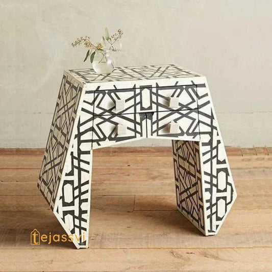 Bone Inlay Geometric Design 1 drawer Side Table/Handmade Bone Inlay Coffee table/MOP Black and White Bone Inlay Nightstand/Modern Furniture