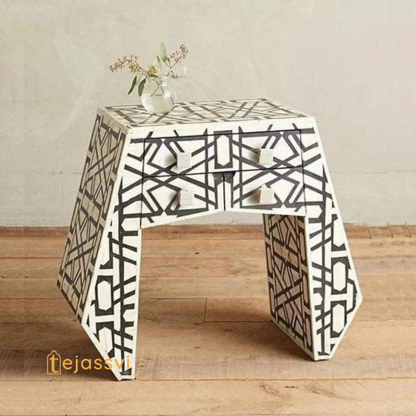 Bone Inlay Geometric Design 1 drawer Side Table/Handmade Bone Inlay Coffee table/MOP Black and White Bone Inlay Nightstand/Modern Furniture