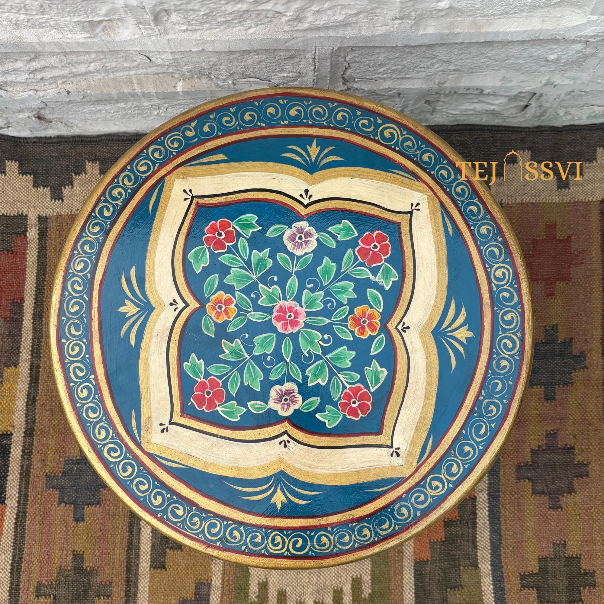 Hand-Painted Blue Wooden Table - Colorful Side Table / Unique Wood Coffee and Tea Table / Wooden Table | Hand Painted | living room | Side Table