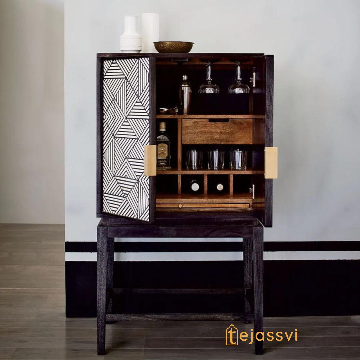 Geometric Bar cabinet/wooden Handmade Bone Inlay chest | Storage Unit and Table/Bone Inlay  Storage Console | Modern and Luxury Furniture.