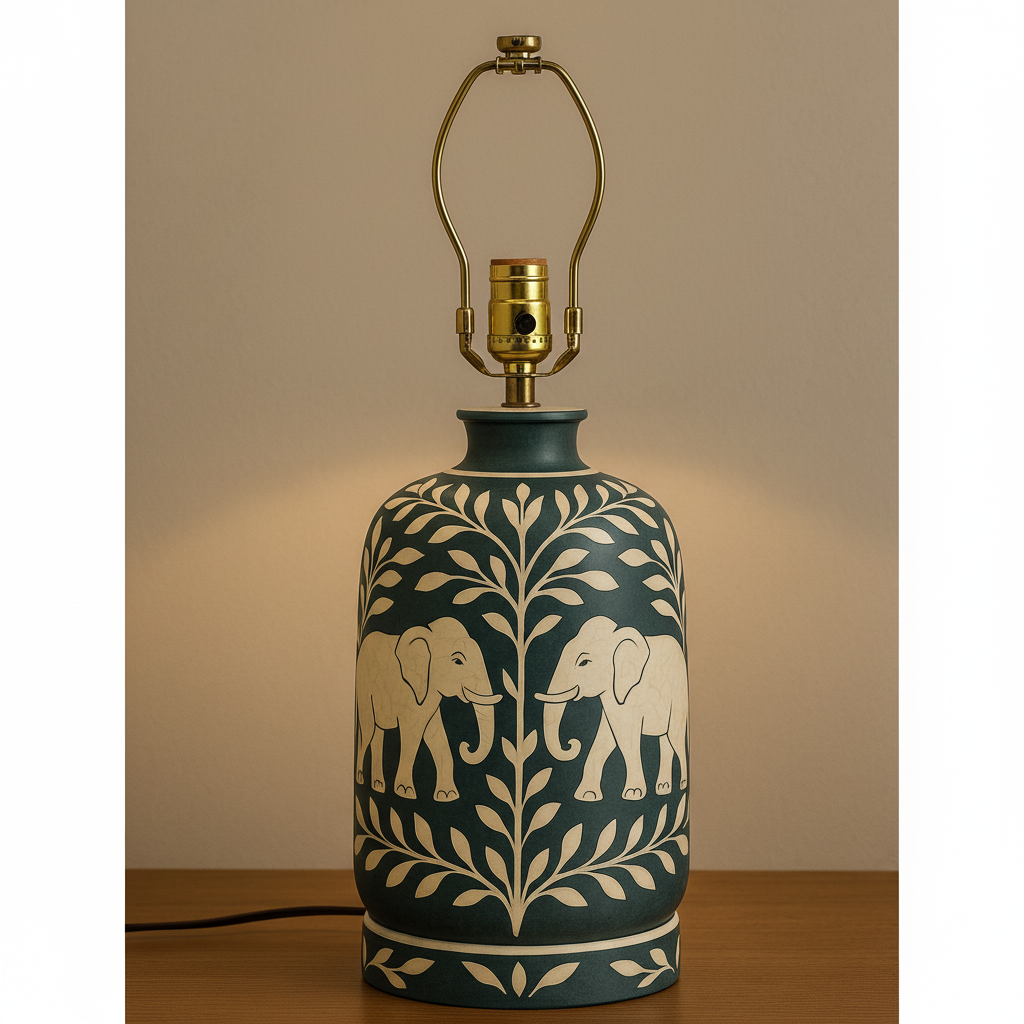 Wooden Bone Inlay Floral and Elephant Pattern Lamp for Bedroom / Bone Inlay Bed Room Lamp / Bedroom Décor Lamp / Handmade Inlay Table Lamp Home Decor Accent Light