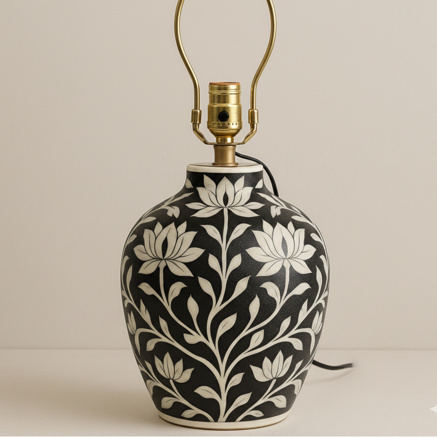 Wooden Bone Inlay Floral Pattern Lamp for Bedroom / Bone Inlay Bed Room Lamp / Bedroom Décor Lamp / Handmade Inlay Table Lamp Home Decor Accent Light