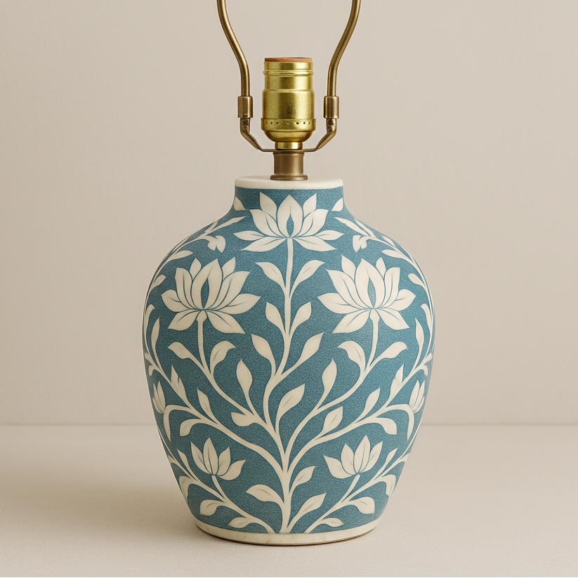 Wooden Bone Inlay Floral Pattern Lamp for Bedroom / Bone Inlay Bed Room Lamp / Bedroom Décor Lamp / Handmade Inlay Table Lamp Home Decor Accent Light