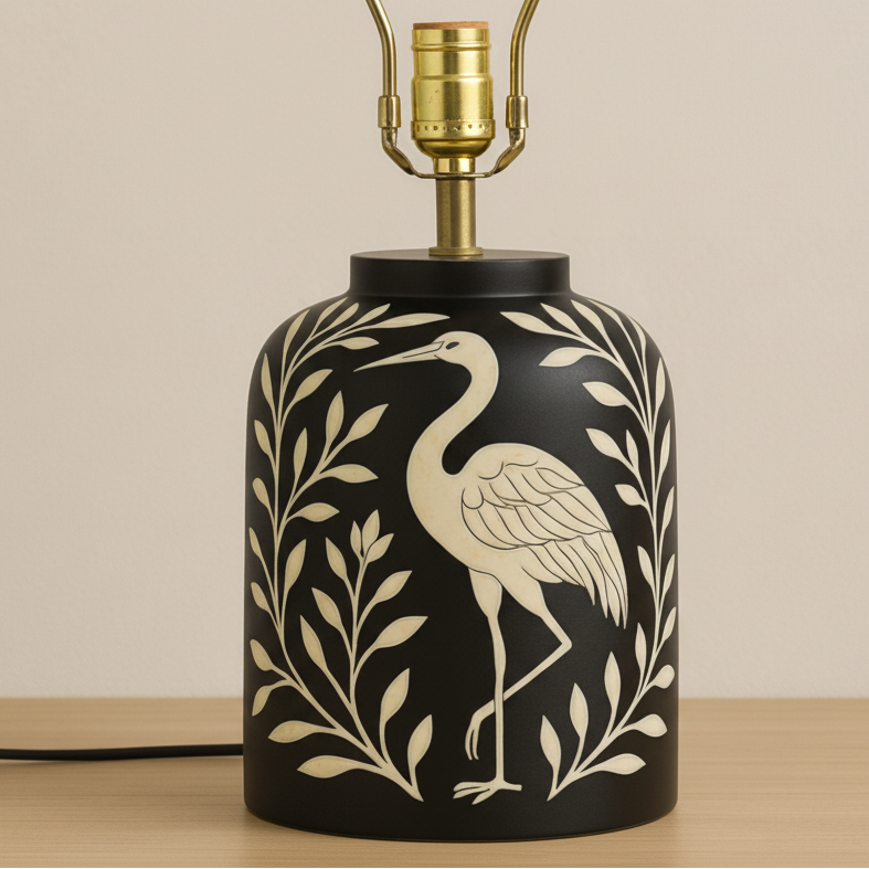 Wooden Bone Inlay Floral and swan Pattern Lamp for Bedroom / Bone Inlay Bed Room Lamp / Bedroom Décor Lamp / Handmade Inlay Table Lamp Home Decor Accent Light