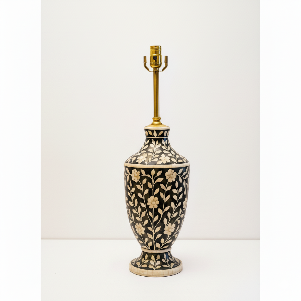 Wooden Bone Inlay Floral Pattern Lamp for Bedroom / Bone Inlay Bed Room Lamp / Bedroom Décor Lamp / Handmade Inlay Table Lamp Home Décor Accent Light