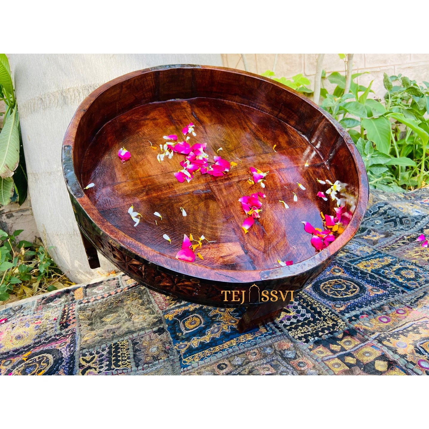 Wooden Coffee Table Natural Hand Made Carved Round Indian Grinder Table Chakki Table,Central Home Decor SideTable, Beautiful Handicraft Art