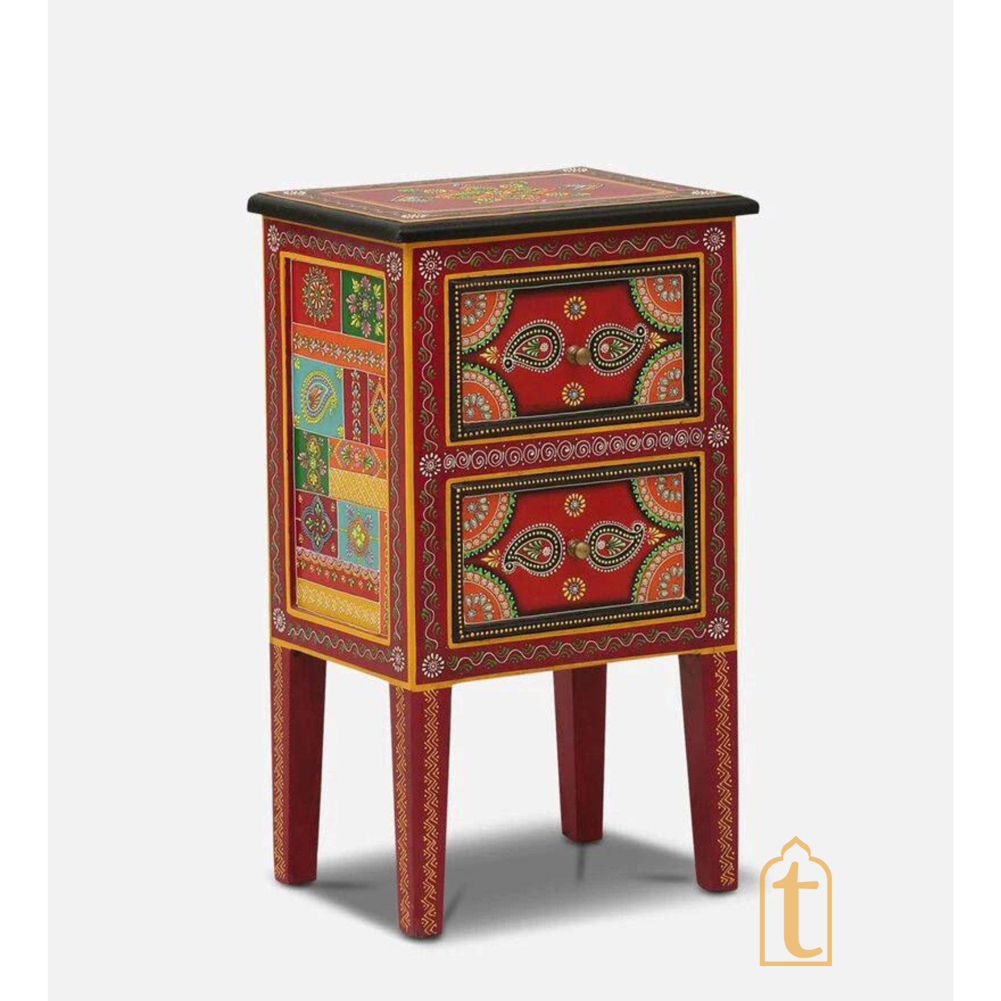 Hand Painted Wooden End Table / Bedside | Sofa Side Table | Small Chest of Drawer for Living Room | Traditional Side Table with Drawers