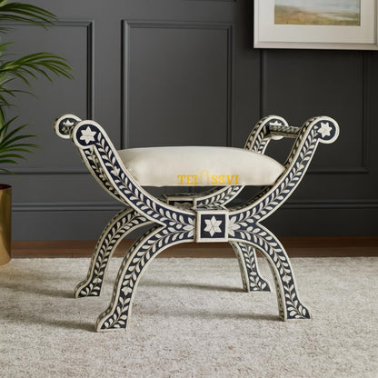 HANDMADE BONE INLAY Floral Black Jenny Stool | Bone Inlay chair | wooden Modern Luxury Furniture/Luxury Jenny Stool/wooden Stool/bone chair.