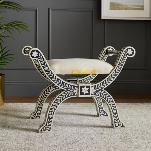 HANDMADE BONE INLAY Floral Black Jenny Stool | Bone Inlay chair | wooden Modern Luxury Furniture/Luxury Jenny Stool/wooden Stool/bone chair.