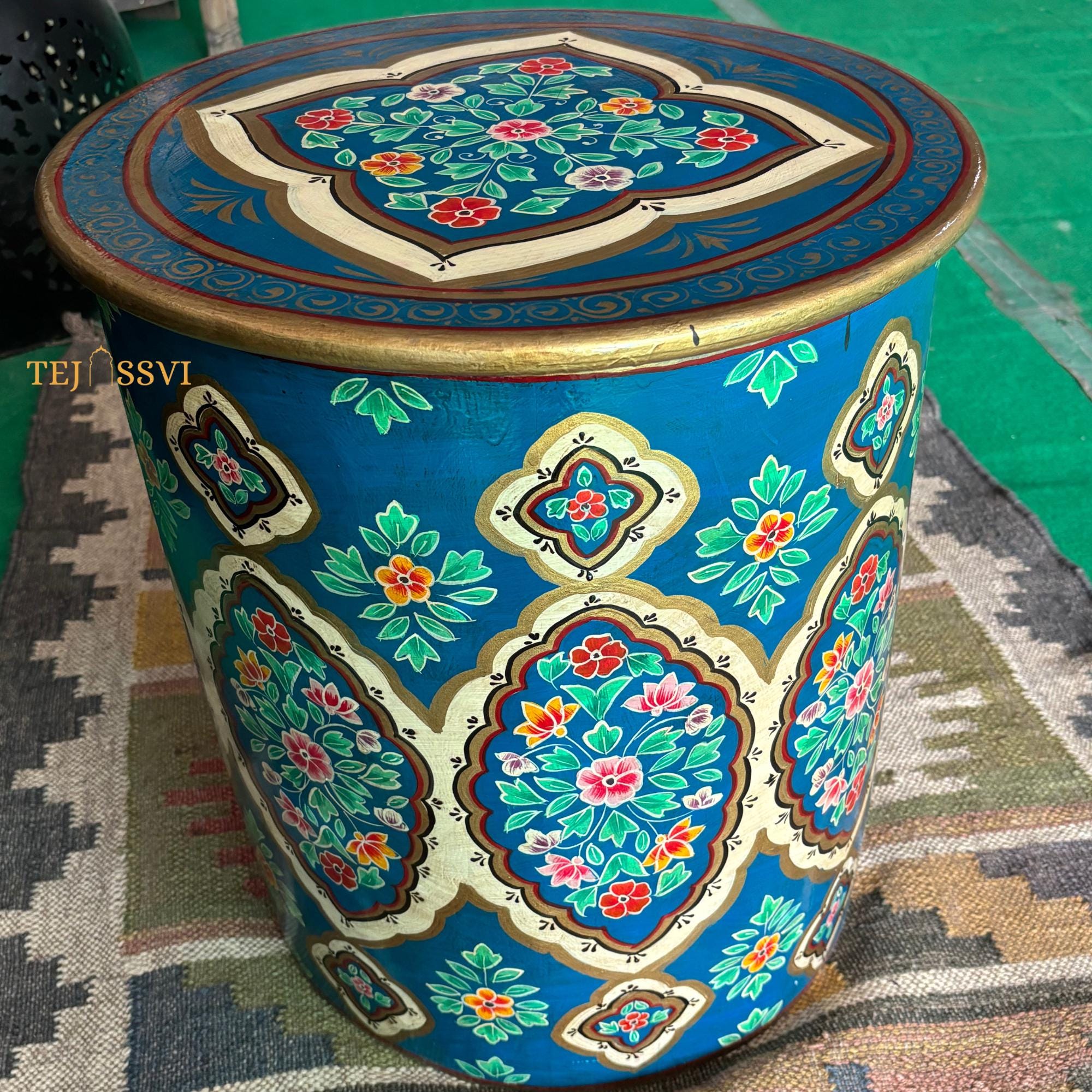 Hand-Painted Blue Wooden Table - Colorful Side Table / Unique Wood Coffee and Tea Table / Wooden Table | Hand Painted | living room | Side Table