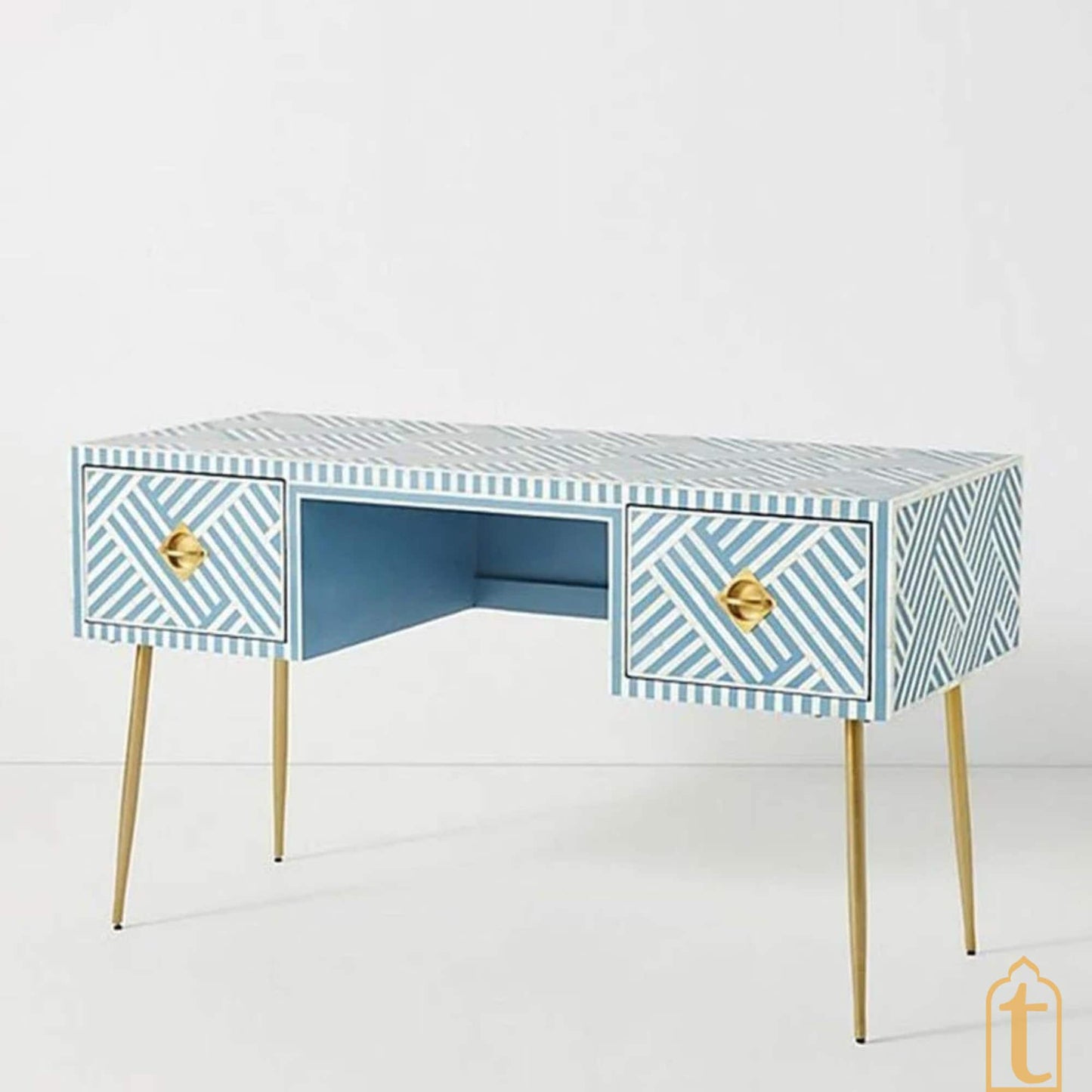 Bone inlay Work Desk | laptop table | console table, Bone Inlay Optical Design 2 Drawers Desk Sky Blue,  Optical Design Study wooden Table.