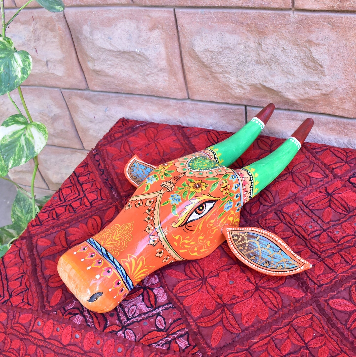 16" Large Wooden Painted Cow Head | Bull | Nandi Head Mask Wall Décor. Wooden Wall Hanging. Ethnic Indian Rajasthani Art.