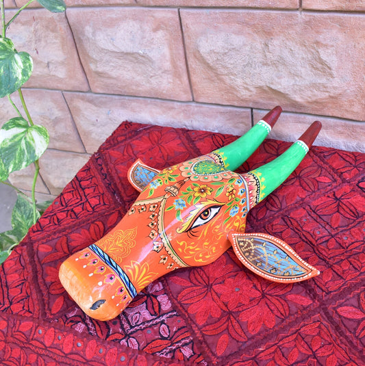 16" Large Wooden Painted Cow Head | Bull | Nandi Head Mask Wall Décor. Wooden Wall Hanging. Ethnic Indian Rajasthani Art.