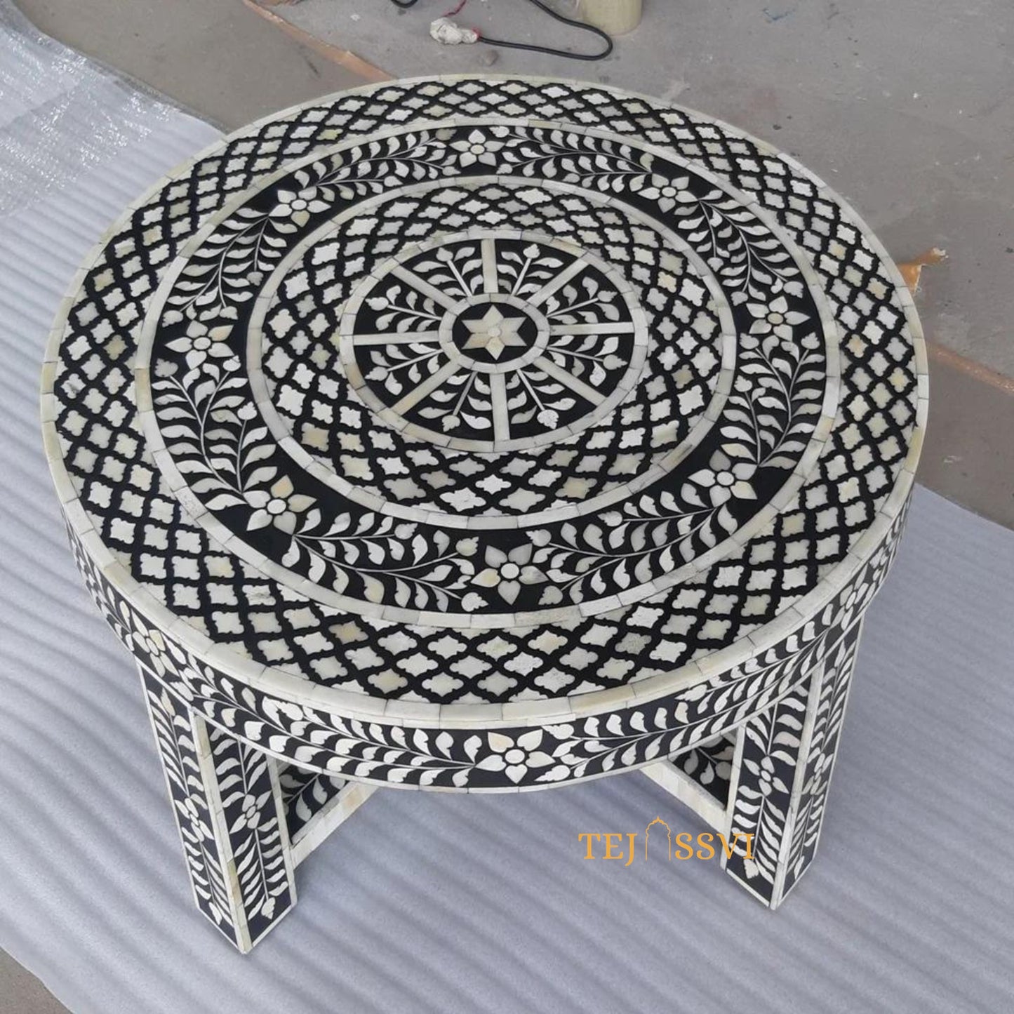 Handmade Bone Inlay Coffee Table, Center table ,BONE INLAY TABLE, Round Coffee Table, Floral design Centre Table, Bone Inlay Cocktail Table