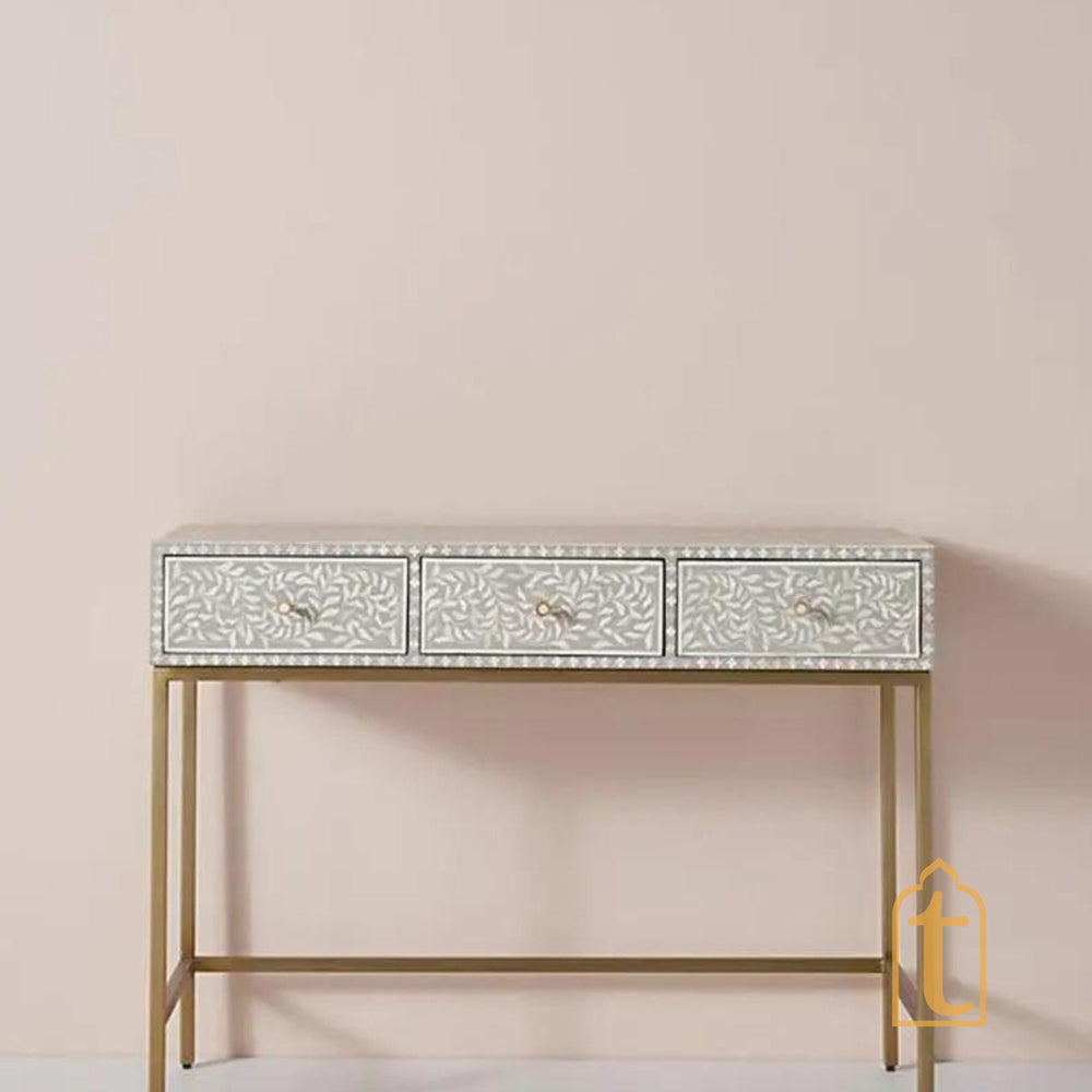 Handmade Bone Inlay Console Table | Hall-Way Entry Table | Study Table | Bone Inlay Desk |  Wooden Bone Inlay Floral Laptop table / Inlay Side Table.