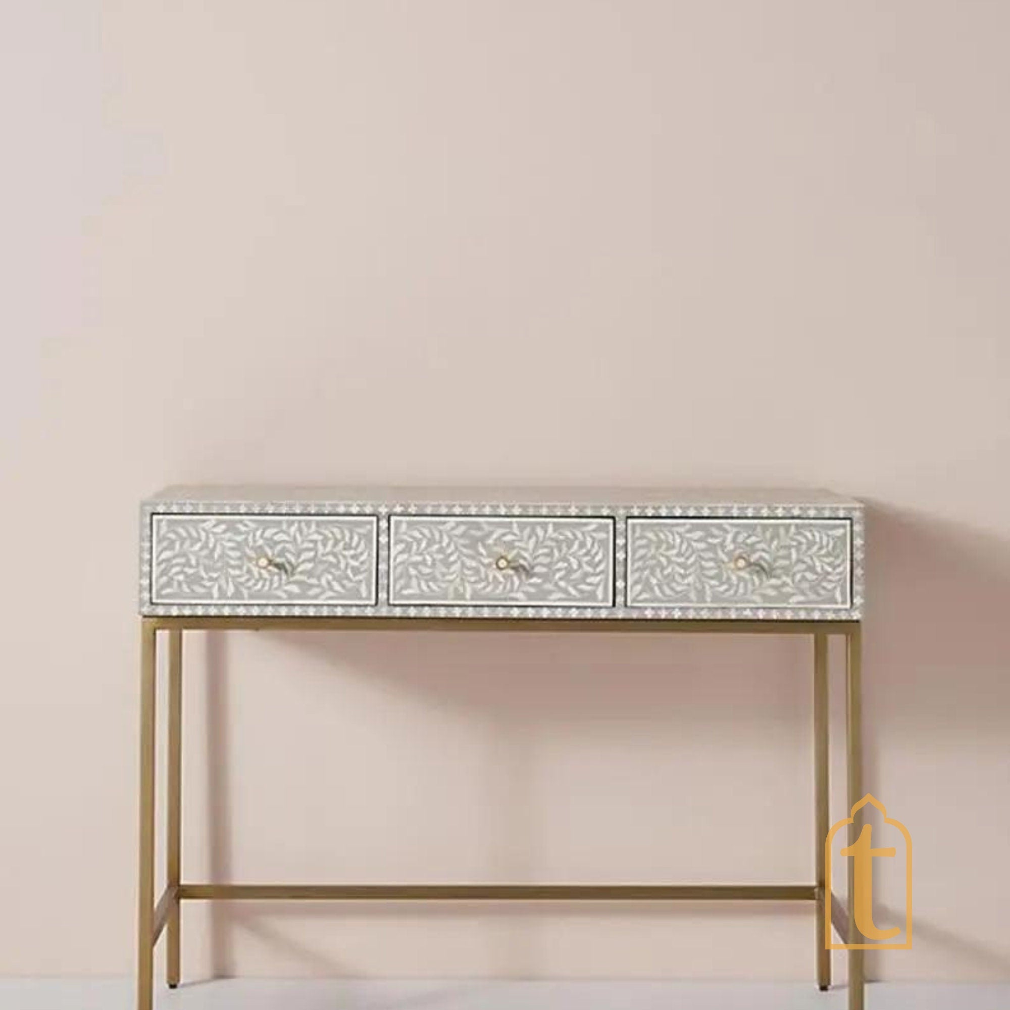 Handmade Bone Inlay Console Table | Hall-Way Entry Table | Study Table | Bone Inlay Desk |  Wooden Bone Inlay Floral Laptop table / Inlay Side Table.