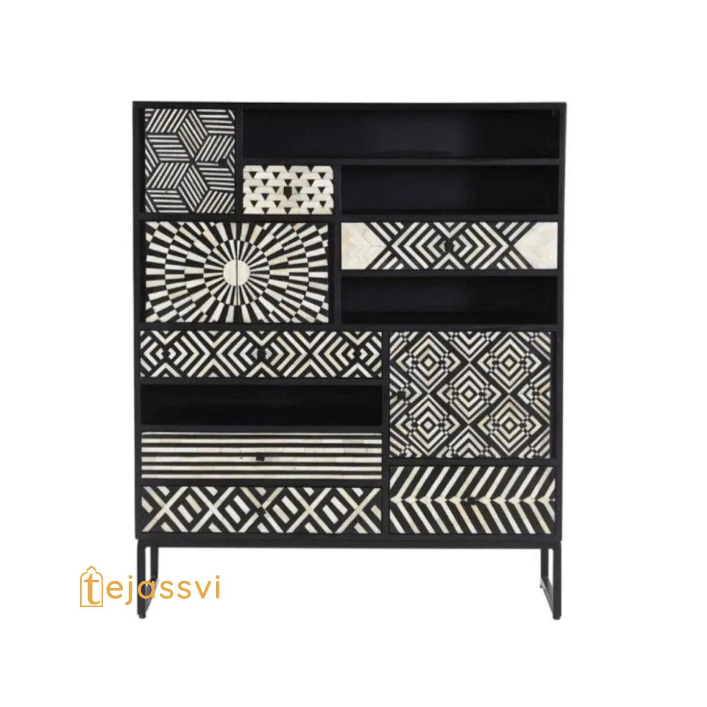 Indian Handmade Cabinetry Furniture.Handmade Bone Inlay Black Multi-Drawers Cabinet | Bone inlay Storage Cabinet with Multi Drawer & Door |