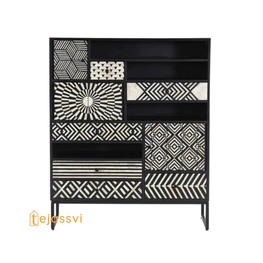 Indian Handmade Cabinetry Furniture.Handmade Bone Inlay Black Multi-Drawers Cabinet | Bone inlay Storage Cabinet with Multi Drawer & Door |