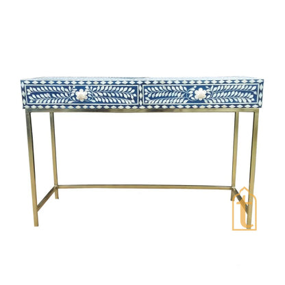 Handmade Bone Inlay Side Table, 2 Drawer Desk/Blue Floral Console Table, Hall table, living room table, Drawer table, wooden Laptop table.