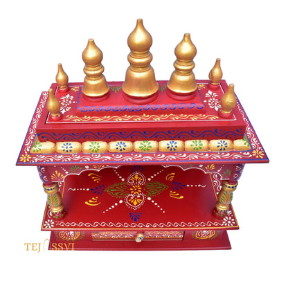 Red Wooden Open Temple Pooja Mandir | Beautiful Wall Hanging Small Wooden Temple for Home | Wooden Prayer Room, Alter, Shrine, Pooja Ghar
