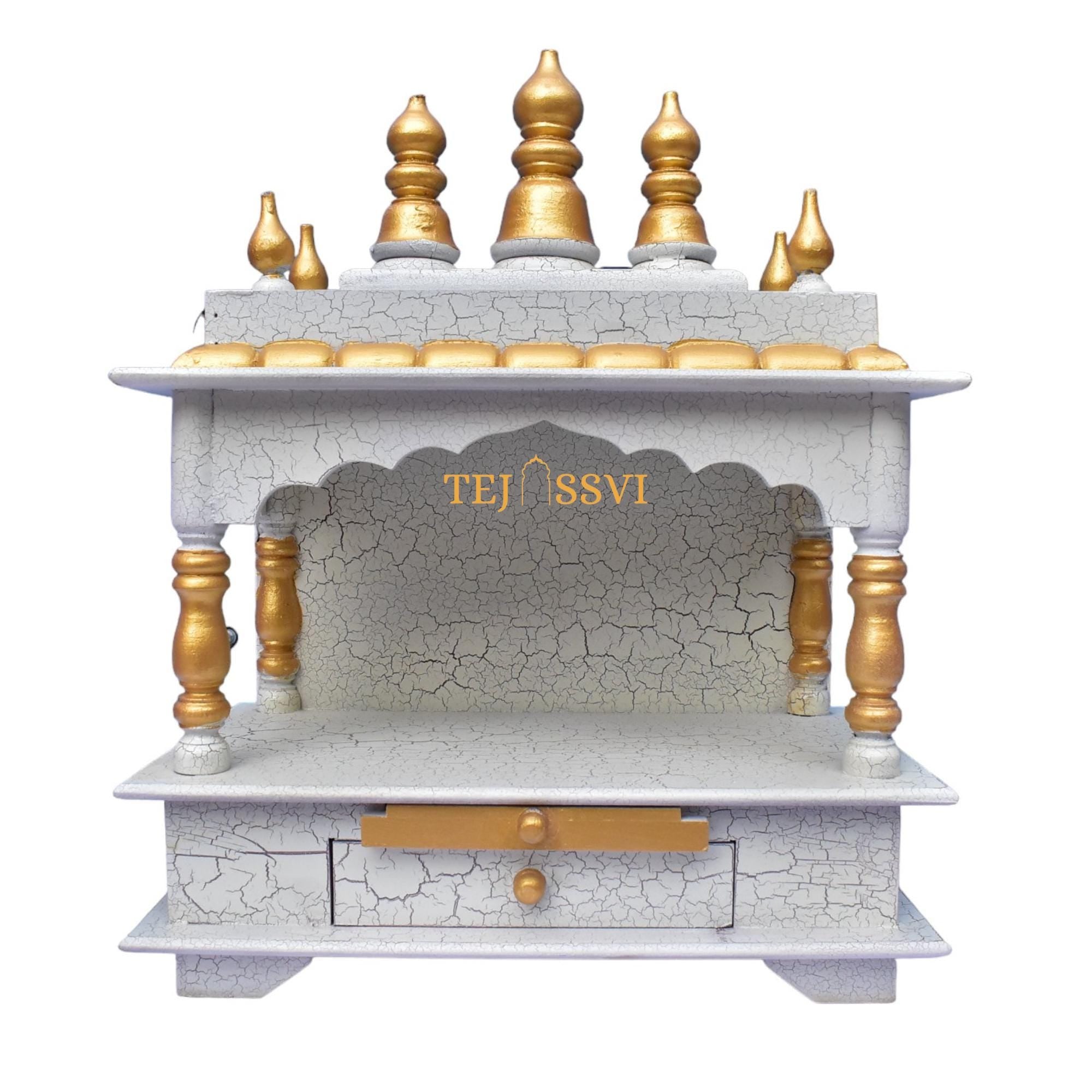 White Wooden Open Temple Pooja Mandir | Beautiful Wall Hanging Small Wooden Temple for Home | Wooden Prayer Room, Alter, Shrine, Pooja Ghar.