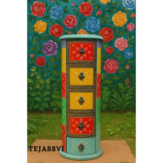Handmade Hand Painted Round Side Table, Indian Painting Furniture Cabinet, Moroccan painted Furniture, Bedroom Furniture, Chest Of Dressers,