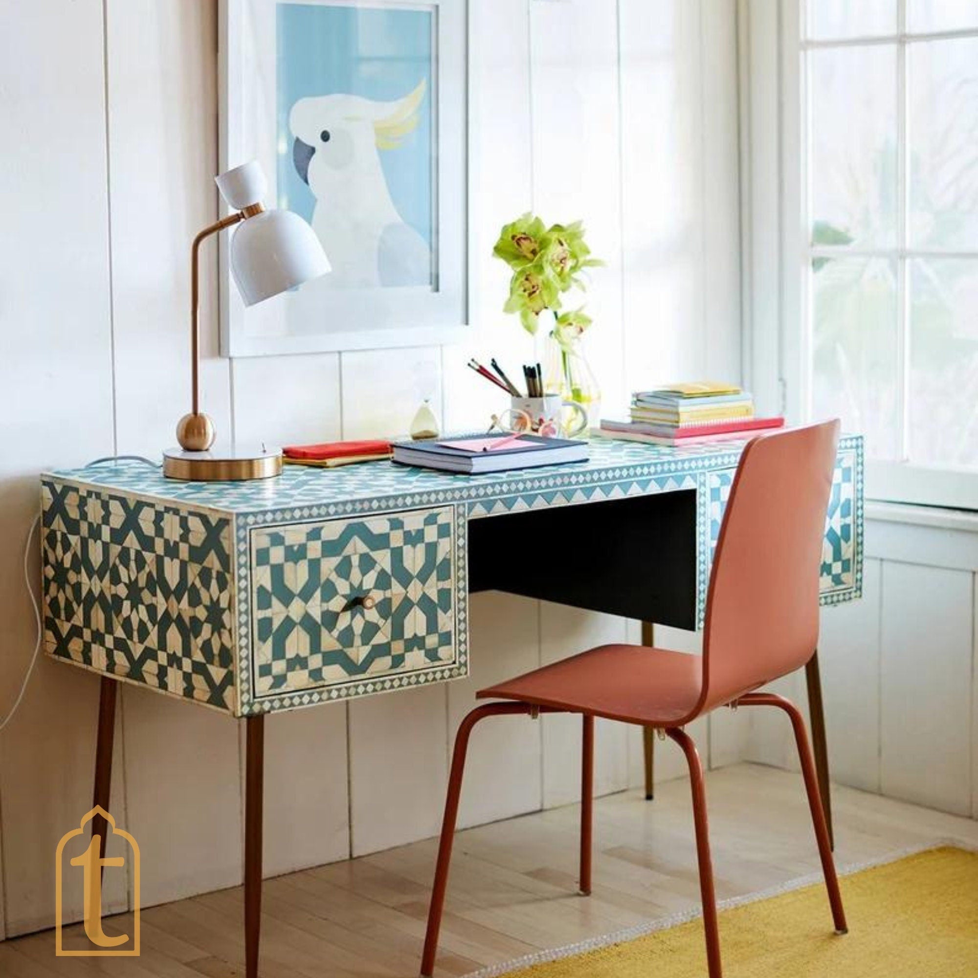 Bone inlay Work Desk | Laptop Table | Console Table | Bone Inlay Wooden Console Table | Bone Inlay Desk With 2 Drawer Furniture With Metal Leg.