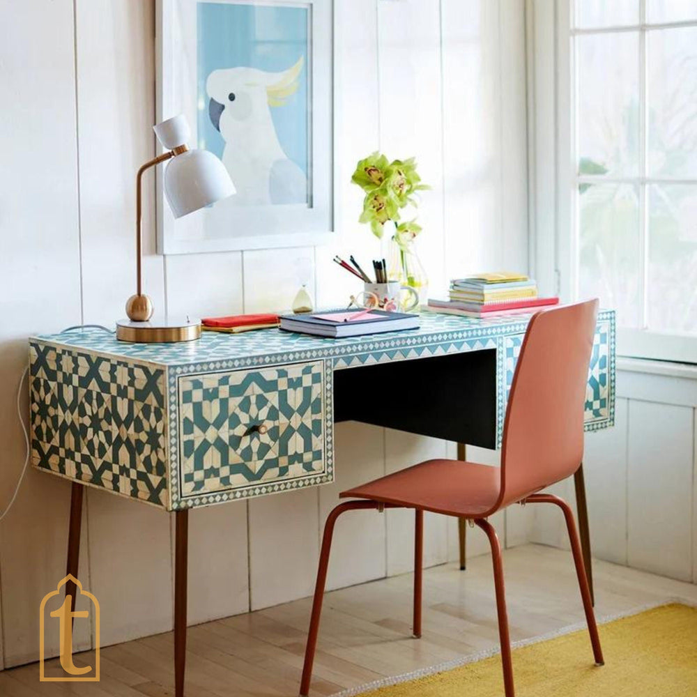 Bone inlay Work Desk | Laptop Table | Console Table | Bone Inlay Wooden Console Table | Bone Inlay Desk With 2 Drawer Furniture With Metal Leg.