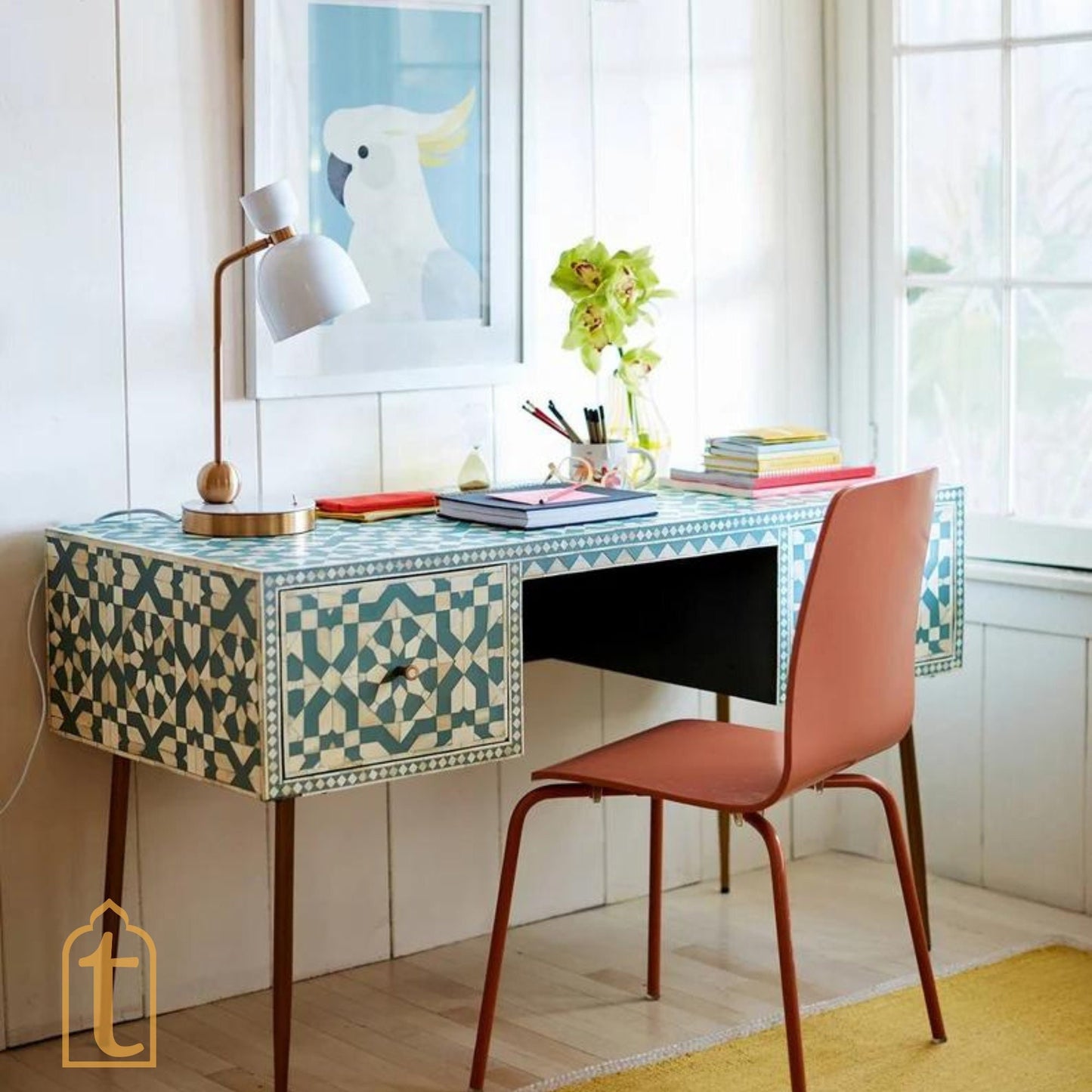 Bone inlay Work Desk | laptop table | console table | Bone Inlay Wooden Console Table Bone Inlay Desk With 2Drawer Furniture With Metal Leg.