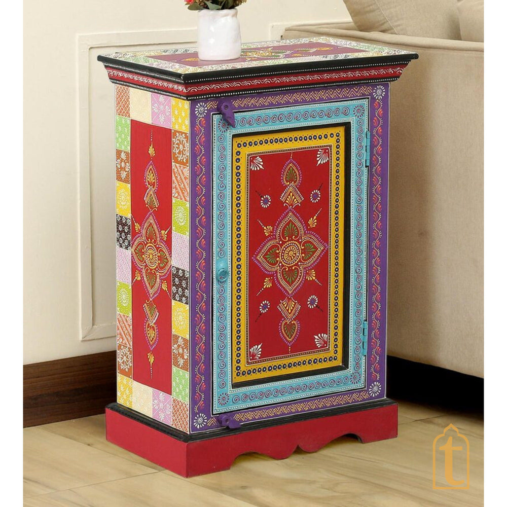 Hand Painted Solid Wood Embossed Bedside Cabinet In Multi Color, Nightstand hand paint night lamp stand.