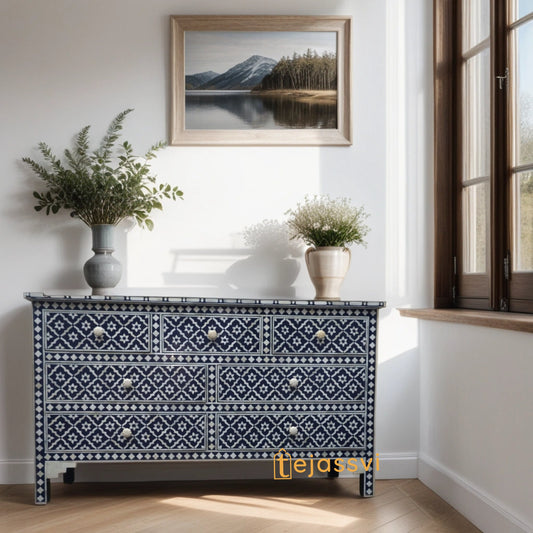 Bone Inlay  Floral Pattern Chest of 6 Drawer, 6 Drawer Dresser, wooden Bone Inlay Chest of Drawers, MOP Bone Inlay Furniture Sideboard Unit.