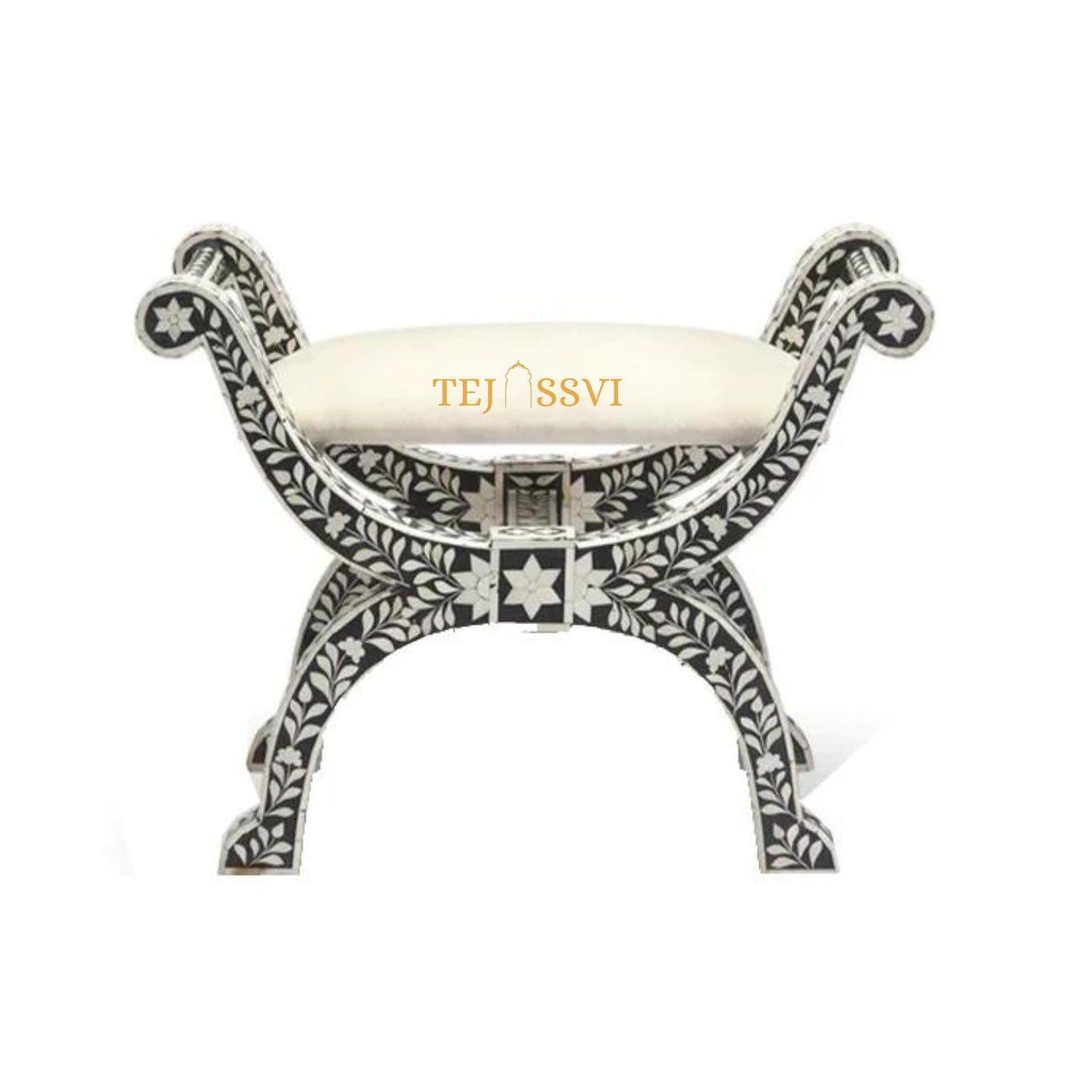 HANDMADE BONE INLAY Floral Black Jenny Stool | Bone Inlay chair | wooden Modern Luxury Furniture/Luxury Jenny Stool/wooden Stool/bone chair.