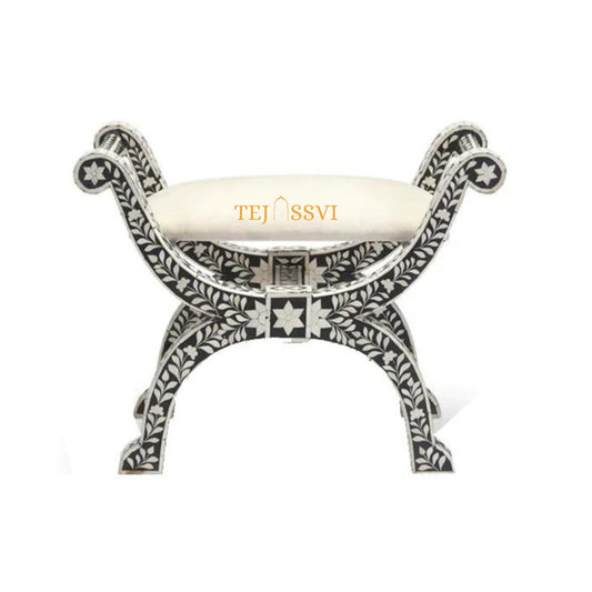 HANDMADE BONE INLAY Floral Black Jenny Stool | Bone Inlay chair | wooden Modern Luxury Furniture/Luxury Jenny Stool/wooden Stool/bone chair.
