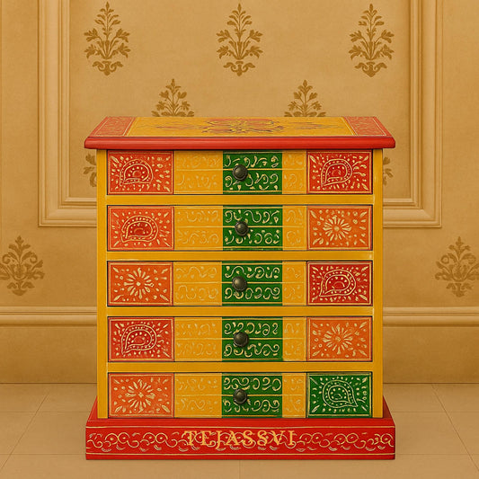 Indian Hand Painted Patches Mango Wood 5drawer Jewelry Box/Keepsake Cabinet Storage, Hand painted Cabinet Large Chest of Drawer/ Living Room
