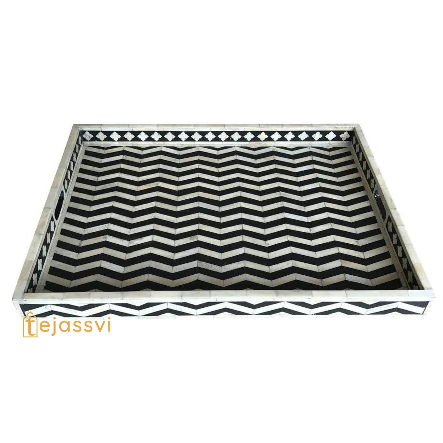 Black Rectangle Chevron Pattern Bone Inlay Tray | Black Bone Inlaid Rectangular Serving Tray