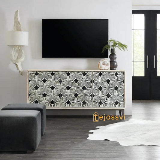 Bone Inlay Bone Optical Design Media Console/Media Cabinet, Bone Inlay Flower Entertainment Credenza White  Finish  Bone Inlay Storage Unit.