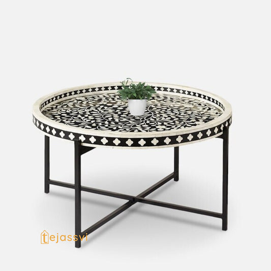Bone Inlay Tray Coffee Table in Black & White Finish | Center table, BONE INLAY Round End TABLE, Floral design Cocktail Table.