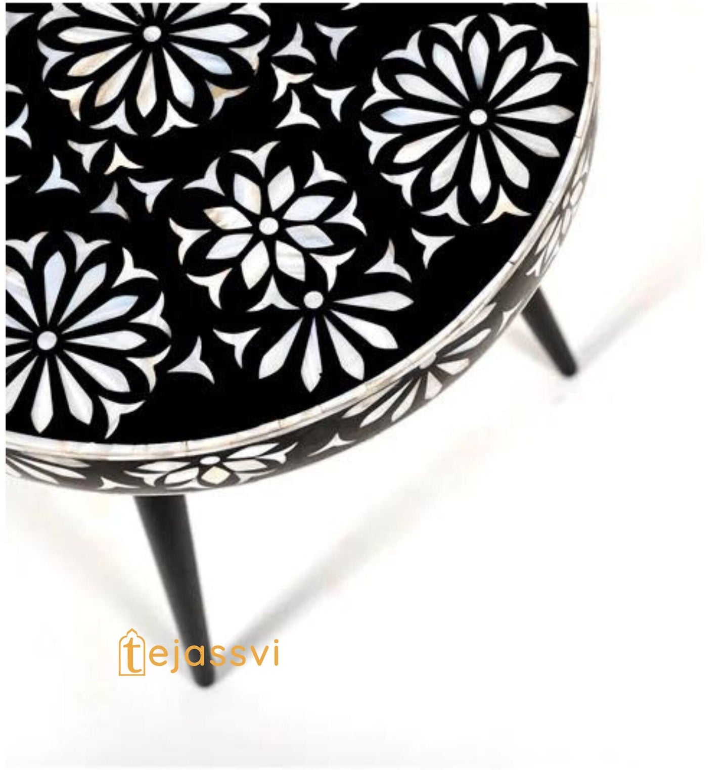 Handmade Bone Inlay stool | Bone inlay Pushkar floral motifs side table | Bone Inlay Wooden Antique Corner Table, Modern Luxury Furniture